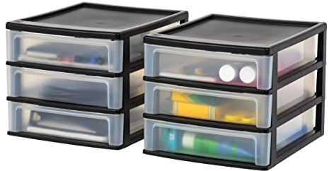 IRIS USA Plastic Stacking Desk Top 3-Drawer Storage Organizer, 2-Pack, for Makeup Vanity Nail Polish Bathroom Stationery Art Craft Supplies Kitchen Office Garage and Small Organization, Medium, Black