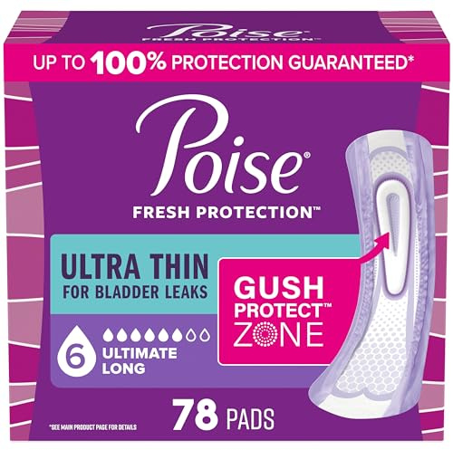 Poise Ultra Thin Incontinence Pads & Postpartum Pads for Bladder Leaks, 6 Drop Ultimate Absorbency, Long Length, 78 Count, Packaging May Vary