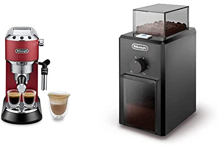 DELONGHI Dedica Style, Machine expresso pour préparer des boissons café et lactées, Rouge & KG79 Moulin à Café Electrique, Broyeur pour Grains de Café avec Réservoir d'une Capacité de 120 g, Noir