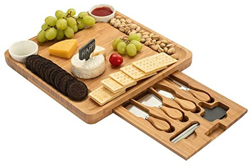 EXENXA Juego de Tabla de quesos - Bandeja para Servir Galletas, Carne y Vino - Fuente de Madera para Embutidos con cajón deslizable para Cubiertos - Regalo Ideal para Bodas y inauguración de la casa.