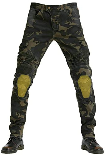 QIYUANT Hombre Pantalones de Motocicleta Moto Jeans Resistencia al Desgarro Casual Retro Elásticos con Equipo de Protección Desmontable Anti Caída (Camuflaje, L)