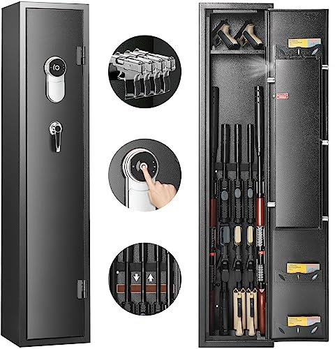 VEVOR Cassaforte per 5 Fucili, Cassaforte per Fucili con Blocco per Impronte Digitali, Armadietto per Fucili Ripiano Rimovibile, Scatola per Munizioni per Armi Lunghe per Uso Domestico