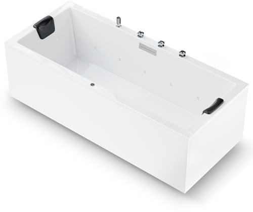 AQUADE Acryl Badewanne 190x90 Modell: Neu Ulm - Weiß Badewanne Komplettset 190x90 - Badewannen mit Wannenfüßen + Schürze + Wannenrandarmatur + Nackenkissen + Led