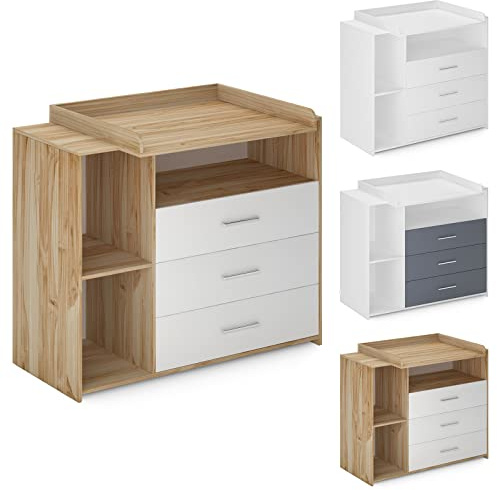 Infantastic® Wickelkommode -Mit Wickelauflage, 3 Schubladen, 3 Fächer, 113x53x101.6 cm, in MDF, Weiß/Grau/Sonoma - Baby Kommode, Wickelregal, Wickeltisch, Wickelschrank mit Wickelaufsatz (Sonoma-weiß)