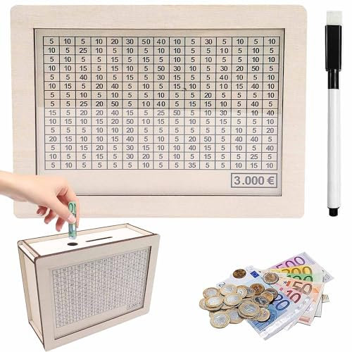 3000 Euro Hucha de Madera, Caja de Ahorros de Madera Reutilizable, Huchas para Adultos y Niños