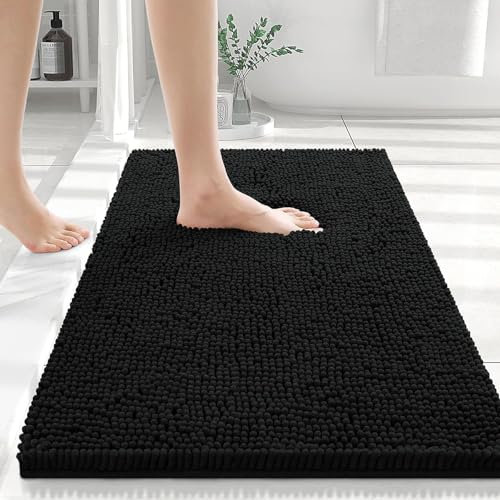 smiry Chenille Bath Mat, 60 x 90 cm, Non-Slip Super Absorbent Bathroom Mat Extra Soft Fluffy Bath Mats for Bathroom Thick Machine Washable Bathroom Floor Mats, Black