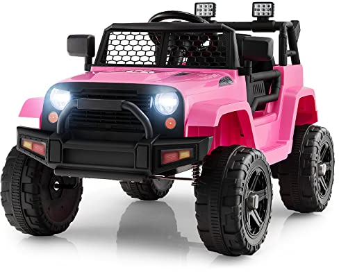 COSTWAY 12V Auto per Bambini con Telecomando, Macchina Elettrica con Fari Luminosi, Musica, Porta USB e Aux, Velocità 2,5-4,5 km/h, Regalo per Bambini 3-7 Anni (Rosa)