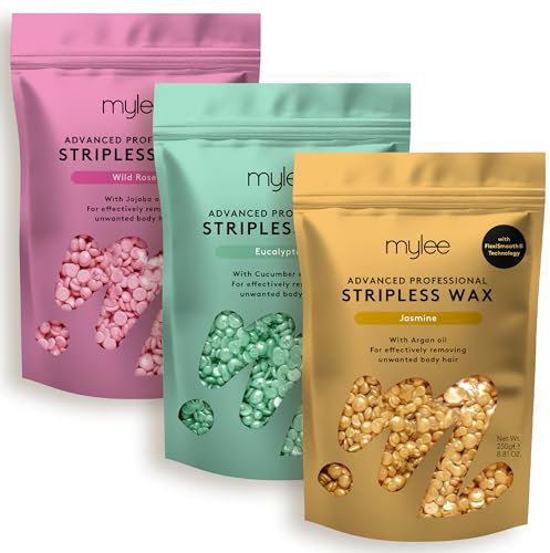 Mylee Advanced Stripless Wax Trio Set 3x250g [Jasmine, Eucalyptus, Wild Rose] Professional Hard Wax Beads, Painless Hair Removal, No Strips Needed, Peelable Hot Wax, Full Body, Face, Bikini, Brazilian