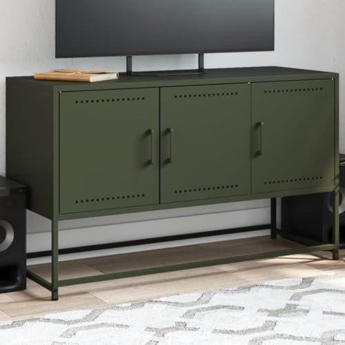 Homgoday Meuble TV vert olive 100,5 x 39 x 60,5 cm en acier, meuble TV salon, table pour TV, meuble TV salon, meuble bas pour TV de salon industriel, support TV