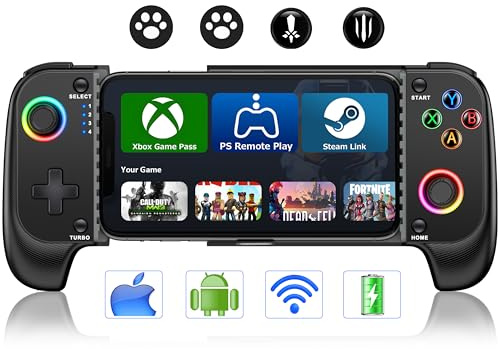 Kabelloser Telefon-Controller für iPhone/Android mit Hall-Joystick und RGB, mobiler Gaming-Controller für iOS, unterstützt Xbox Game Pass, PlayStation, Steam Link, Call of Duty, Roblox, Minecraft,