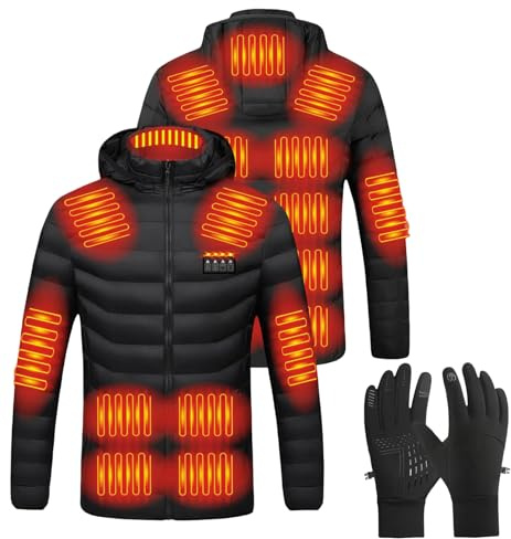Warming Heated Jacket with Heating Gloves, USB Electric Heated Body Warmer, Heated Down Jackets for Men Women, Hooded Heated Coat with 3 Levels Heat Settings, Heat Coats for Motorcycle Skiing Hunting