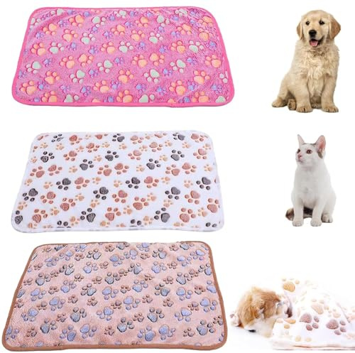 3 Pieces Pet Blanket, Dog Blanket, Cat Blanket, Blankets Non-slip Seat Cushions, Cute Paw Print Soft Warm Blankets, Paw Print Fleece Blanket for Small Medium Pet Dog Cat(White, Coffee, Pink,40 * 60cm）