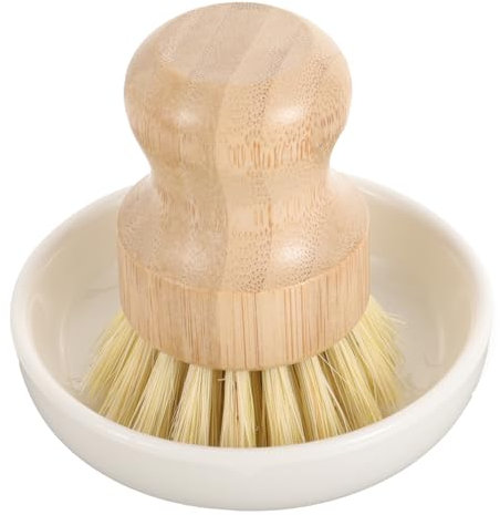 Zerodeko Kitchen Cleaning Brush Set Bamboo Sisal Bristles Ceramic Draining Base Pot Scrub Brush Dish and Wok Cleaning Suitable for Home Kitchen Use