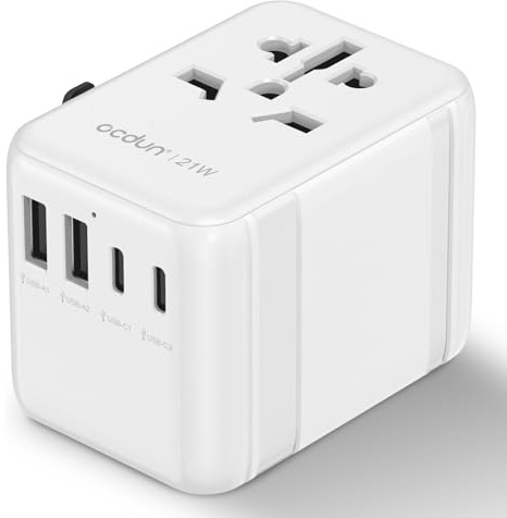 ocdun Universal Travel Adapter, International Plug Adapter with 2 USB-C and 2 USB Ports, Worldwide All-in-One Plug Adaptor for EU, UK, USA, Australia, and More (White, 21W)