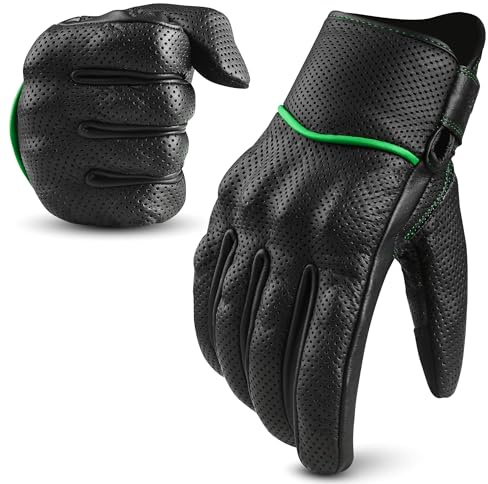 aaasportx Motorcycle Gloves Men's Leather Motorbike Gloves Touchscreen Function - Protectors Motorcycle Gloves Men & Women Motorcycle Gloves with Non-Slip Pads (Perforated,Black Green, Large)