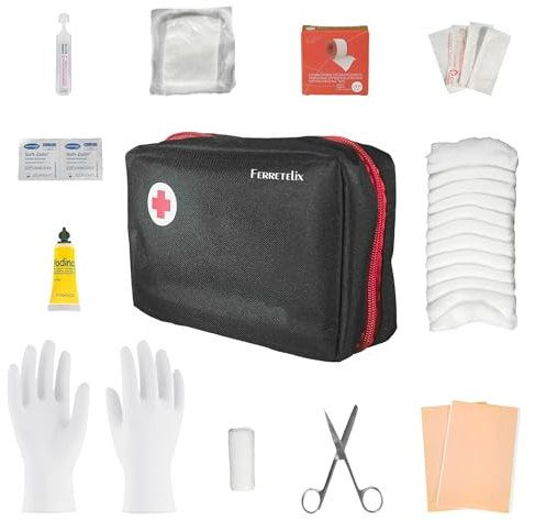 FERRETELIX® Neceser Botiquin Primeros Auxilios con Dotacion 18 cm x 16 cm x 4 cm Negro/Botiquin de Emergencia/Tu seguridad al Alcance de la Mano