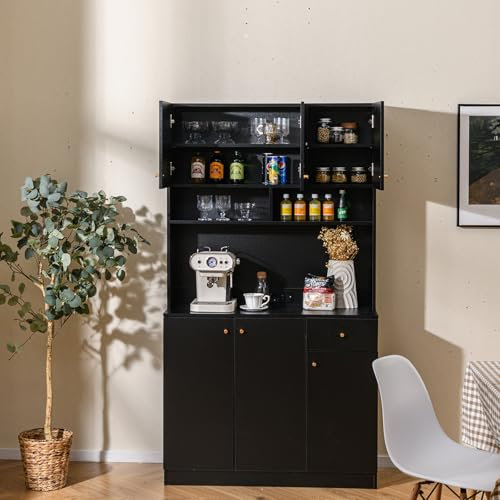 GOPLUS Meuble de Rangement avec Station de Charge, 4 Armoire&Tiroir Coulissant, 3 Niveaux Étagères Réglables, Buffet de Cuisine Haut avec 2 Prises,1 Ports USB 1 Type Cpour Cuisine, Blanc (Noir)