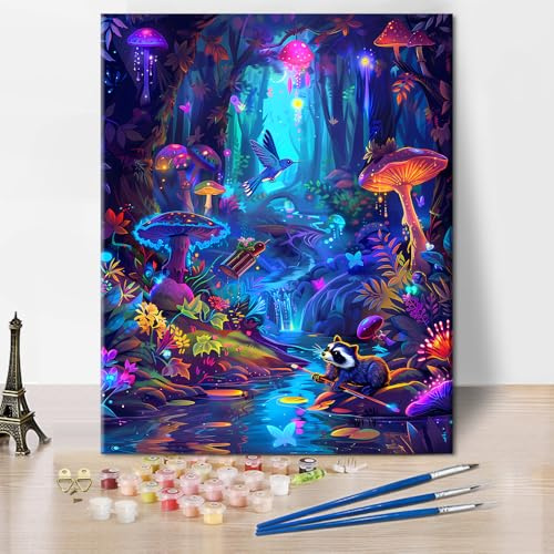 TISHIRON Forest Paint by Numbers for Adults, Fantasy Mushrooms DIY Acrylic Paint by Numbers Canvas Kits for Gift Home Wall Decor, Raccoon Oil Painting for Adults Beginners 16x20(Frameless)