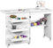WUDLEP Folding Sewing Table Multipurpose Craft Station & Side Desk, Sewing Cabinet with 3 Storage Bins and Shelf, Rolling Craft Station Sewing Machine Work Desk with Wheels for Small Spaces, White