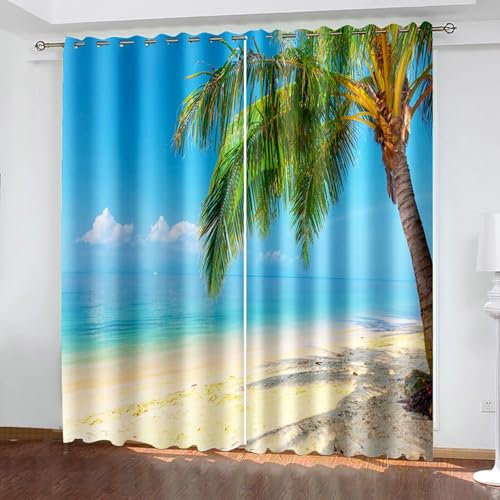 Bishilin Vorhänge Blickdicht 2er Set 137x214CM, Verdunkelungsvorhänge mit Ösen Landschaft Meer Kokospalme Muster Gardinen Kinderzimmer Jugendzimmer