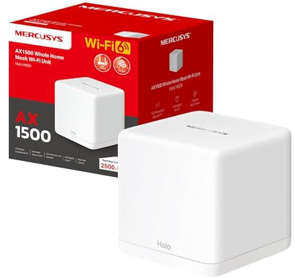 Mercusys TP-Link Router Mesh WiFi 6 AX1500Mbps, 3 Porte Gigabit WAN/LAN, Controllo Parental, WiFi Mesh Router e AP, Connetti fino a 100 Dispositivi, Copertura fino a 230m², Halo H60X(1-pack)