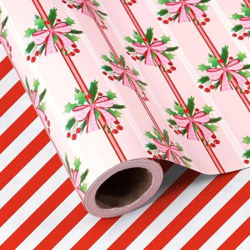 RUSPEPA Papel De Regalo Navideño Reversible - Mini Rollo - 43,2 Cm X 10 M - Papel De Regalo Con Acebo Y Lazo Rojo Para Y Fiestas.