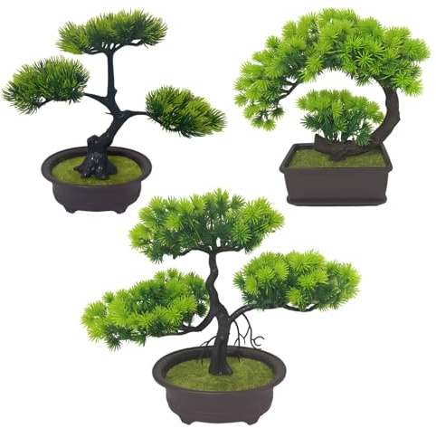 byepica Colección de árboles bonsái artificiales para espacios interiores, pino, cabeza de dragón y variantes de media luna, hierba sintética y macetas de plástico para decoración de oficina y hogar