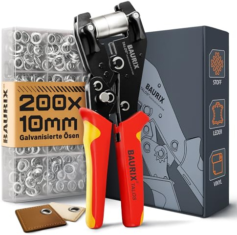 BAURIX® Pinza Occhielli con 200 Occhielli Ø10 mm per Telo, Stoffa, Pelle e Tessuti – Autopunzante Senza Foro – per Fai da Te, Sartoria e Artigiani – TALOS