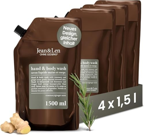 Jean & Len Hand & Body Wash Rosemary et Ginger en éco-recharge, nettoie et soigne la peau, set pratique, parfum frais et épicé, savon liquide en recharge, sans silicones & parabènes, 4 x 1,5 L