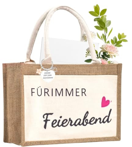 Zuxbolf Rentner Geschenk Frau Jutetasche Rentner Jute Tote Bag | mit dem Schriftzug „Für immer Feierabend“ Einkaufstasche mit Schlüsselanhänger Abschiedsgeschenk für Mama Oma Lehrerin
