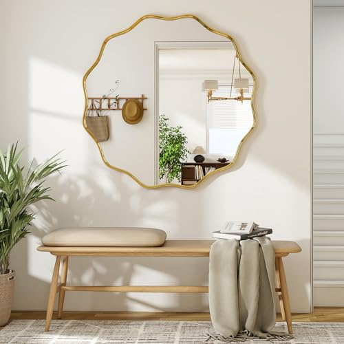 BEAUTYPEAK Runder Spiegel 90 cm, Wandspiegel mit Gewellter Kante, Aluminiumrahmen, Spiegel Rund zum Aufhängen und Anlehnen, Rund Wandspiegel für Schlafzimmer, Badezimmer, Flur Gold