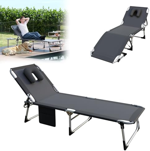 UISEBRT Gartenliege Klappbar mit Gesichtsöffnung & Kopfkissen, Liegestuhl mit Verstellbarer Rückenlehne für Garten, Balkon & Strand, Sonnenliege Relaxstuhl Campingliege bis 160kg, Dunkelgrau