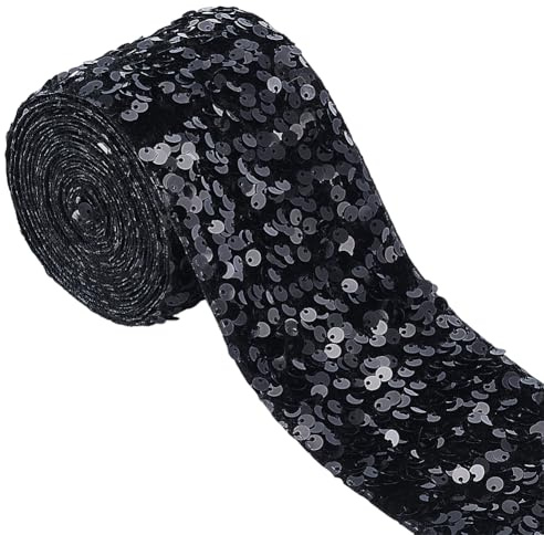 BENECREAT 3.65 m di Passamaneria In Velluto con Paillettes Nere, Nastro Da Cucito con Paillettes In Poliestere Da 75mm, per Abbellimenti Fai Da Te, Abbigliamento e Vestiti.