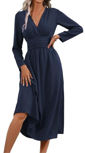 LIAMERHE Primavera Vestido Otoño Manga Larga Mujer Casual Vestidos Largos Cuello en V Elegante Plisado Vestido Línea A Vestido Largo para Fiesta Invierno Azul Marino S