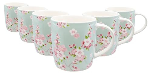Nicola Spring 350ml Simply Home Stoneware Mugs - Green Floral - 6X Large Reusable Cute Ceramic Coloured Coffee Latte Hot Drinks Tea Cups Set with Handle | Gifts for Men & Women