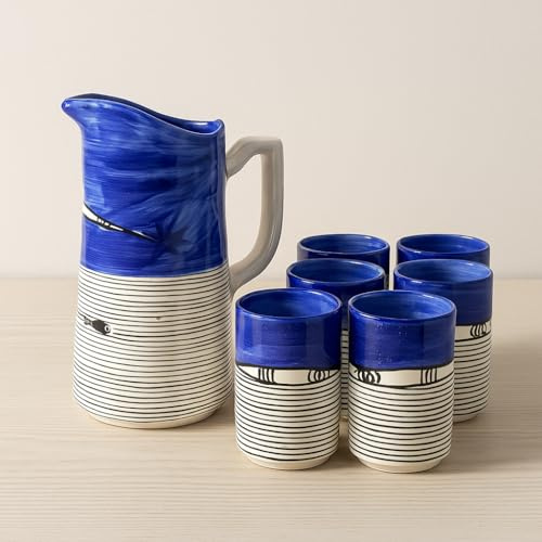 Ensemble de pichet 1 l avec 6 verres 200 ml en céramique style Vietrese peint à la main - Service de table élégant 0508251001