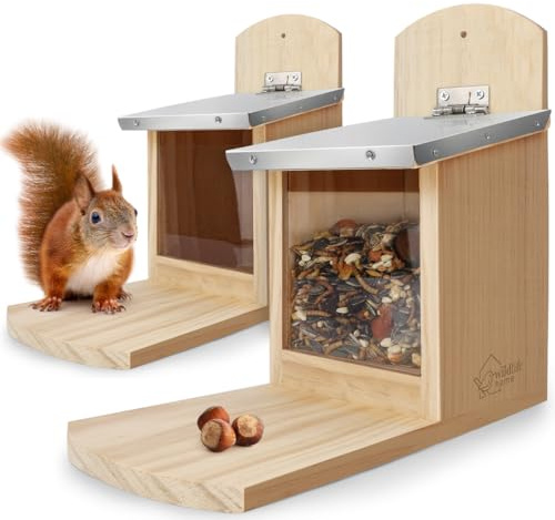WILDLIFE HOME Eichhörnchen Futterhaus mit Metalldach 2er Set I Futterstation aus verschraubtem Massiv-Holz I Wetterfest & Unbehandelt I Eichhörnchenhaus für Eichhörnchenfutter, 2 Stück