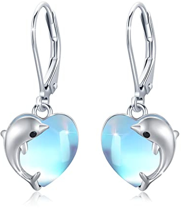 REDSUN Delfin Ohrringe Silber 925 Mädchen Dolphin Kristall Mondstein Hängend Ohrringe Herz Hängend Damen Delfin Schmuck Geschenk für Mädchen Mama Tochter Ehefrau Geschenk