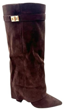 sole london LADIES Women's KNEE HIGH Fold Over Buckle Fashion Zip Pointed Block Heel Boots – Stylish Ruched Design – Comfortable Mid-Block Heel (4 INCH)– Faux Leather & Faux Suede