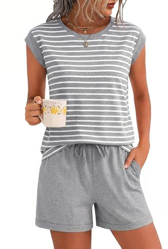 Marvmys Women's Short Sleeve Pyjama Set Pyjamas For Women | Soft Cap Sleeve Top with Plain Shorts Striped Cotton Ladies Nightwear for Summer