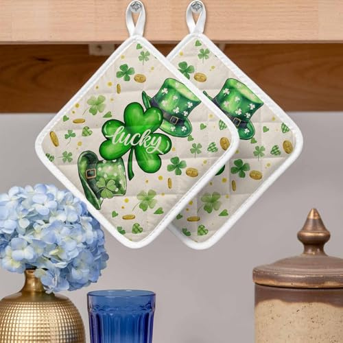 Pot Holders Set of 2, St. Patrick's Day Luck Leaves Hat Potholder for Kitchen Heat-Proof Hot Pads, Green Shamrocks Coin on Flax Hot Mats Potholders for Cooking Baking BBQ
