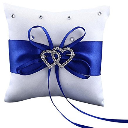 Coussin porte-alliance good01- Pour mariage, fiançailles - Avec deux cœurs et nœud - Bleu, Soie, bleu, Taille unique