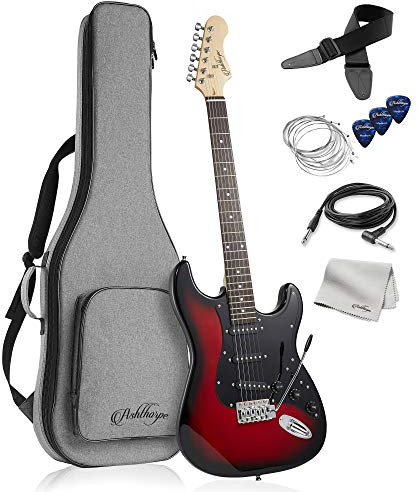 Ashthorpe - Chitarra elettrica da 39 pollici (rosso e nero), kit per chitarra full size con borsa imbottita, barra tremolo, cinghia, corde, cavo, camoscio, plettri