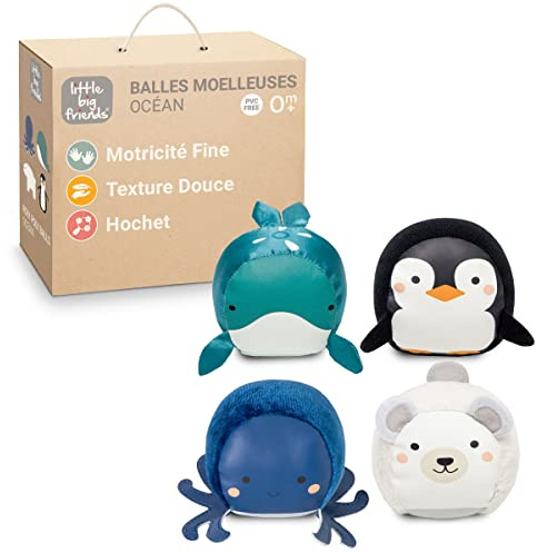 Little Big Friends Les balles Doudous | Set de 4 balles sensorielles pour bébé avec Sons de grelots | Développement sensoriel et motricité | Océan