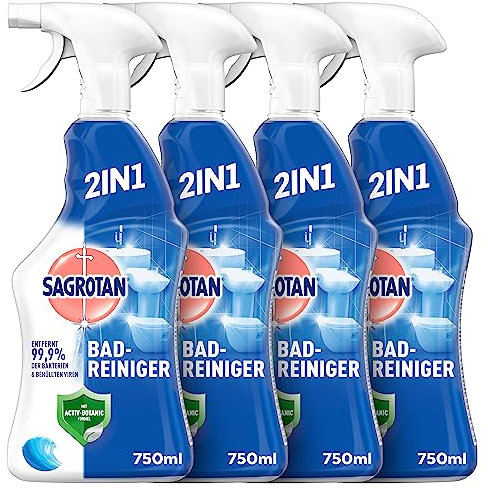 Sagrotan Bad-Reiniger Ozeanfrische – 2in1 Desinfektionsreiniger mit Antischmutzfilm für zuverlässige Hygiene im Badezimmer – 4 x 750 ml Sprühflasch