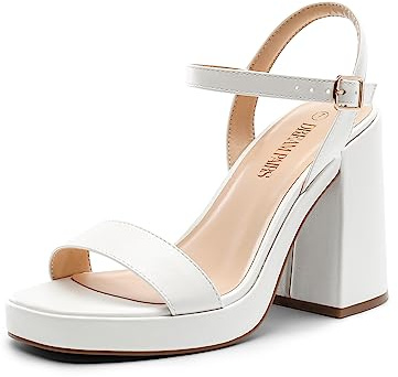DREAM PAIRS Heels for Women Block Chunky Platform Sandal,White,7.5