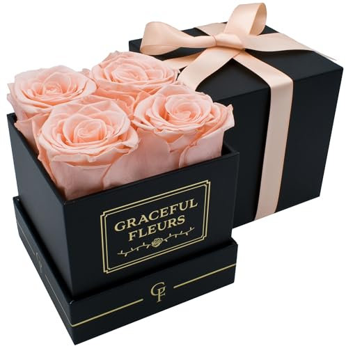 Graceful Fleurs Real Long Lasting Roses in a Box for Years, Preserved Fresh Forever Flowers for Delivery Birthday, Mothers Day Floral Gifts for Women (Light Peach, Black Box, 4 Roses)