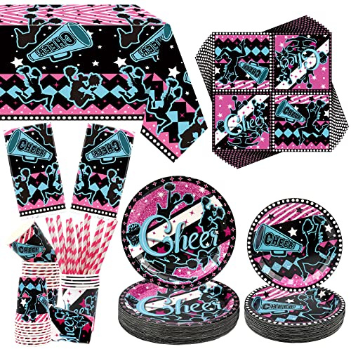 Decorazioni per feste di Cheerleading – Piatti per feste di ginnastica – Piatti da tavola, inclusi piatti, tazze, tovaglioli, tovaglia, paglia per feste di compleanno Cheerleader, serve 40