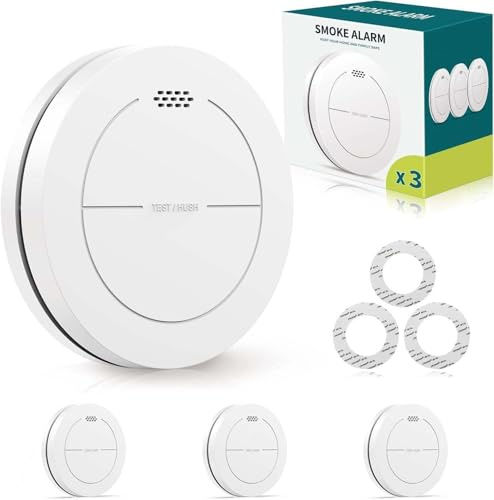 Detector de Humo, batería de 10 años, función de Silencio, sin LED Intermitente, Alarma de Humo fotoeléctrica de 85dB con Almohadillas Adhesivas, Alarma de Incendio Plana, 3Pack