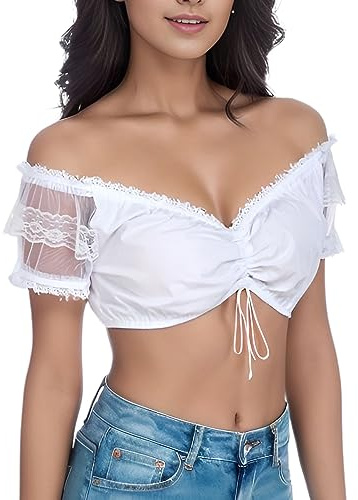 Jdlsppl Women's Traditional German Bavarian Cropped Lace Crop Top Off Shoulder Top Dirndl Blouse Cotton Oktoberfest Shirt White Medium